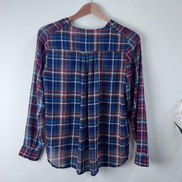 Anthropologie Maeve Sheere Plaid Printed Long Sleeve Blouse V-Neck Size Medium - Picture 2 of 8